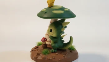 Дракончик плохо прячется за маленькой фигуркой гриба. 3D... Дракончик плохо прячется за маленькой фигуркой гриба. 3D...