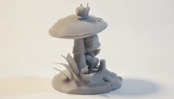 Дракончик плохо прячется за маленькой фигуркой гриба. 3D... 2