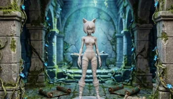 Аниме Девушка-кошка-воин: поза стоя