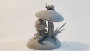 Дракончик плохо прячется за маленькой фигуркой гриба. 3D... 3