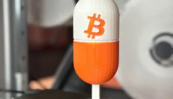 Скульптура биткойн-оранжевой таблетки... Скульптура биткойн-оранжевой таблетки...